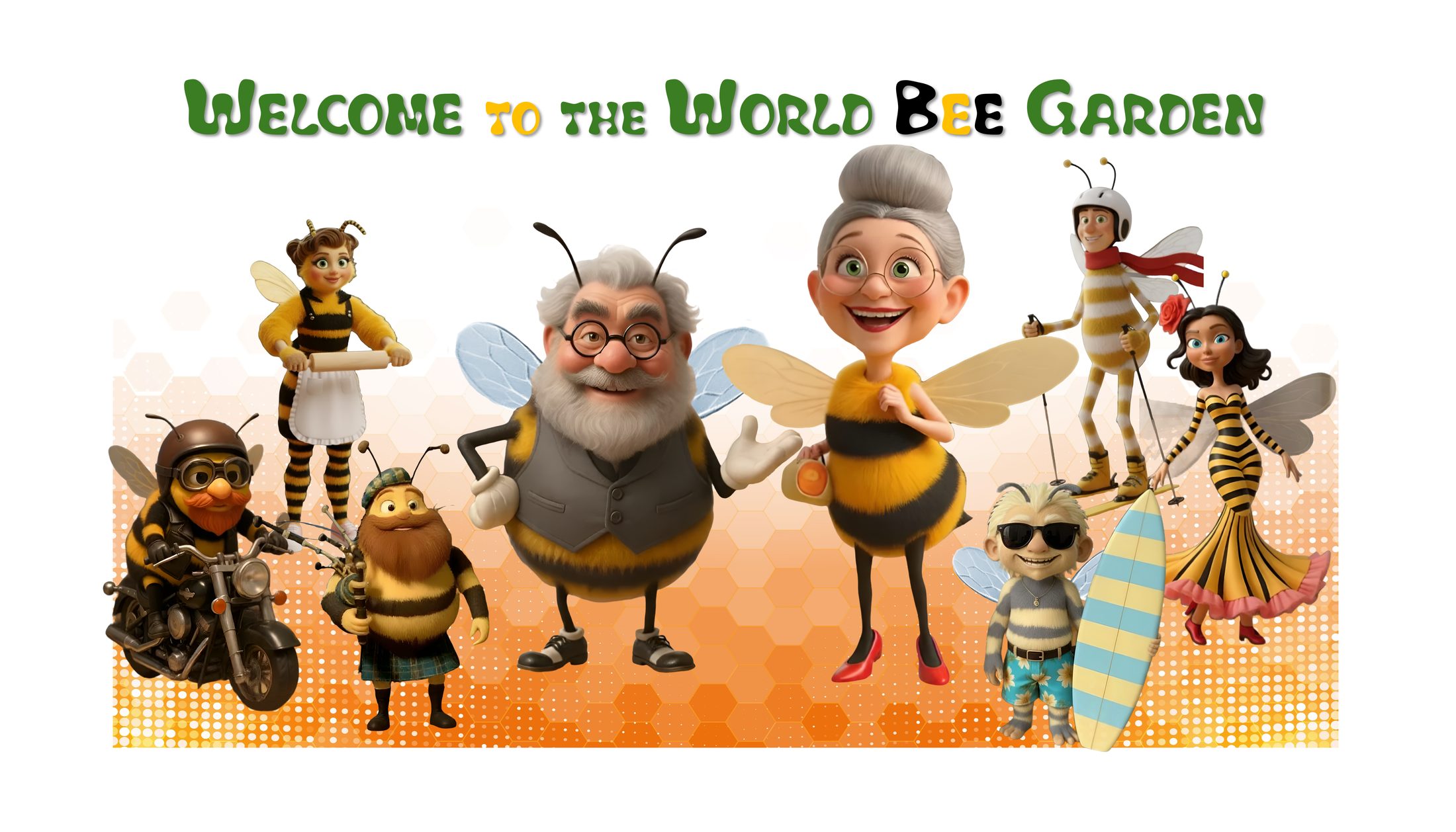 Illustrated bee characters of the World Bee Garden community